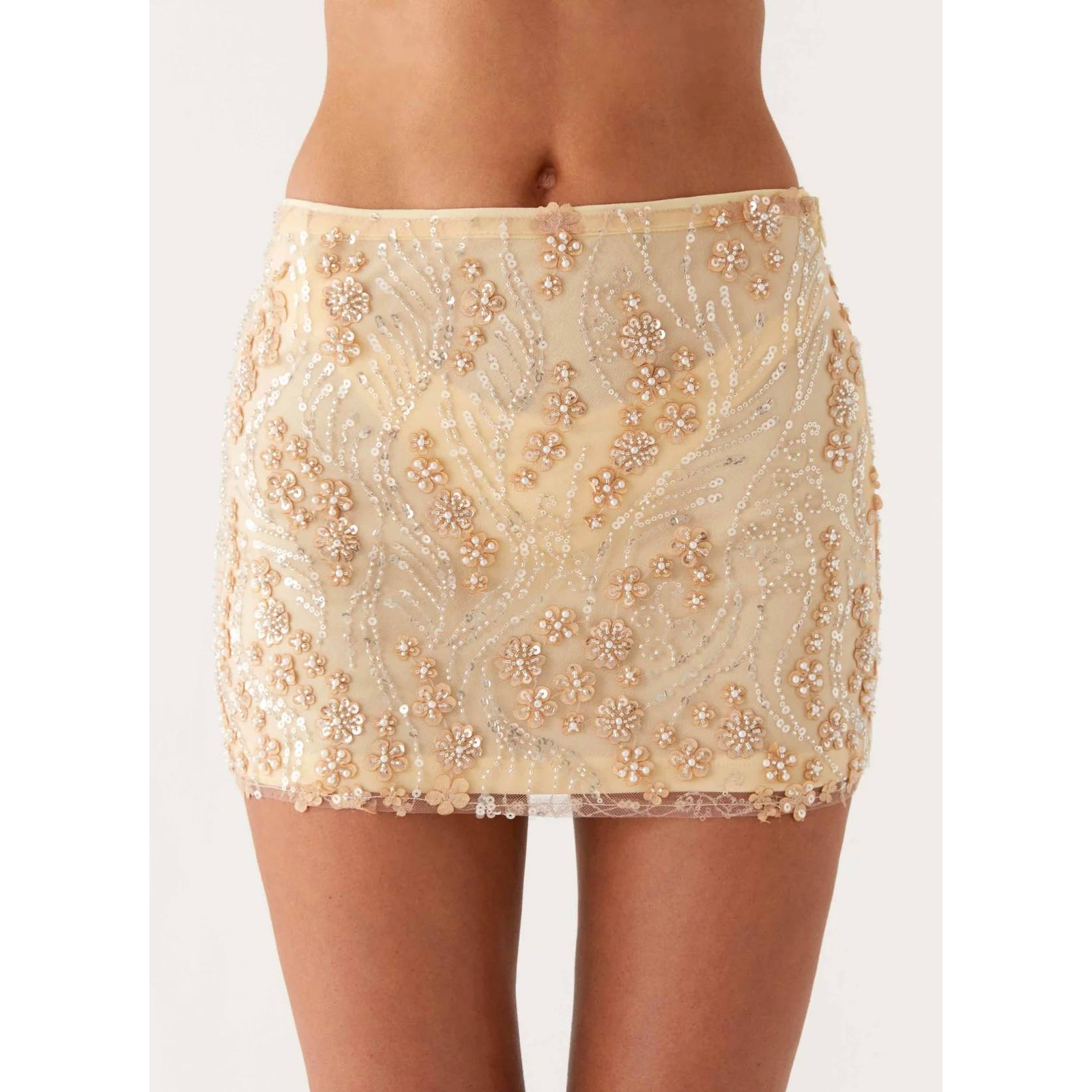 Peppermayo Kandi Mini Skirt Yellow Sequin Pearl Floral Mesh Wg-Pm24-3255 Size 12